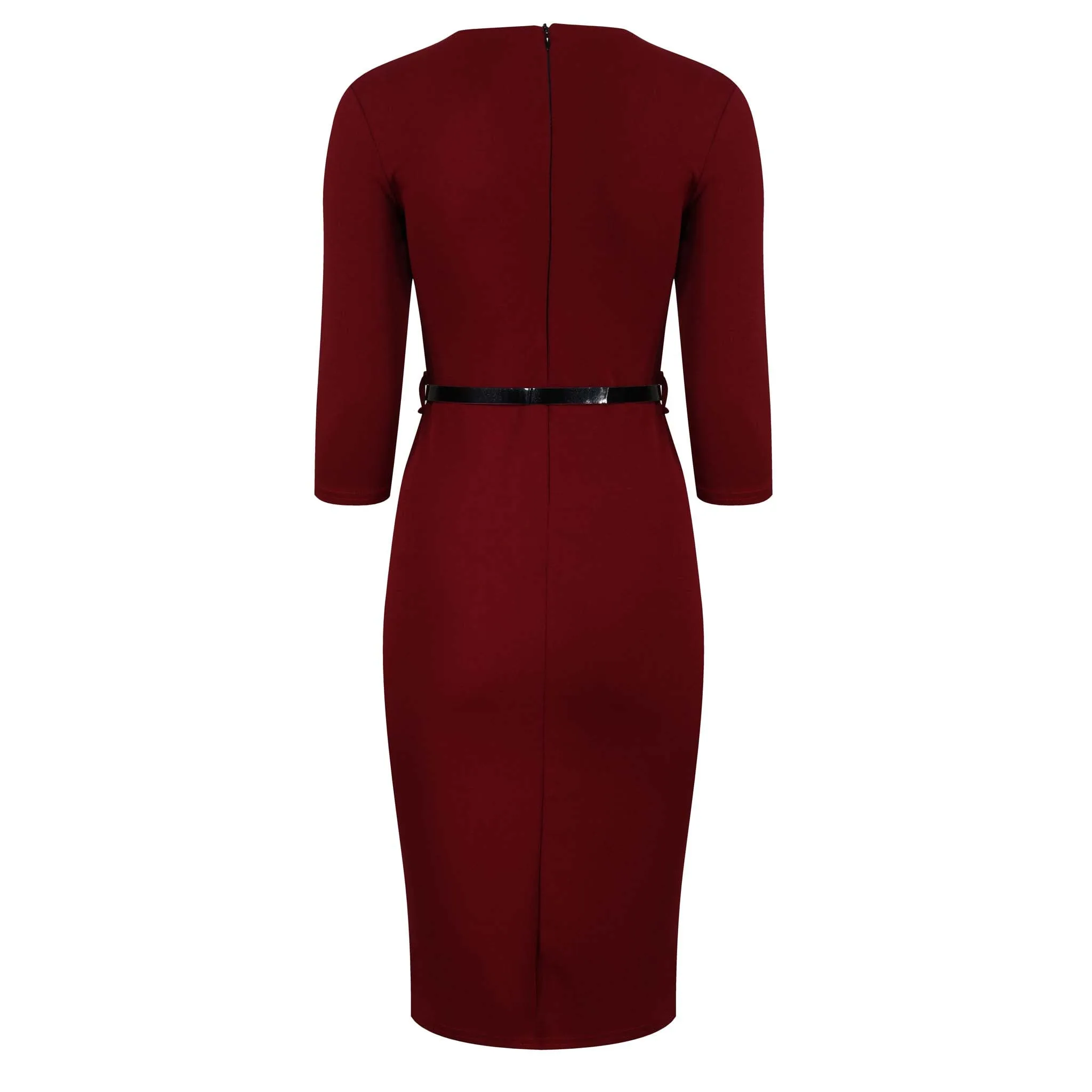 Wine Red V Neck Wrap Effect 3/4 Sleeve Midi Pencil Dress