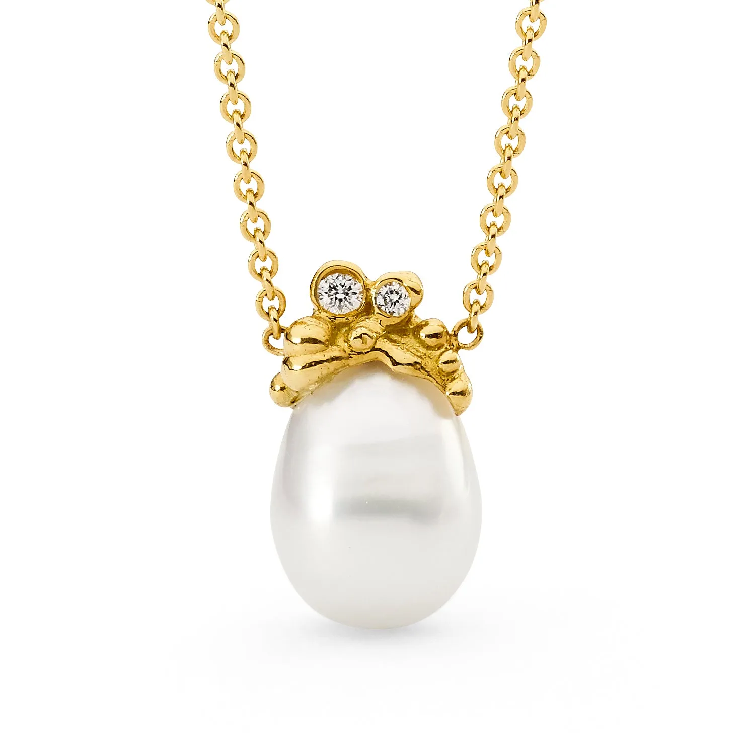 Yellow Gold Baroque Pearl Necklace with Diamonds